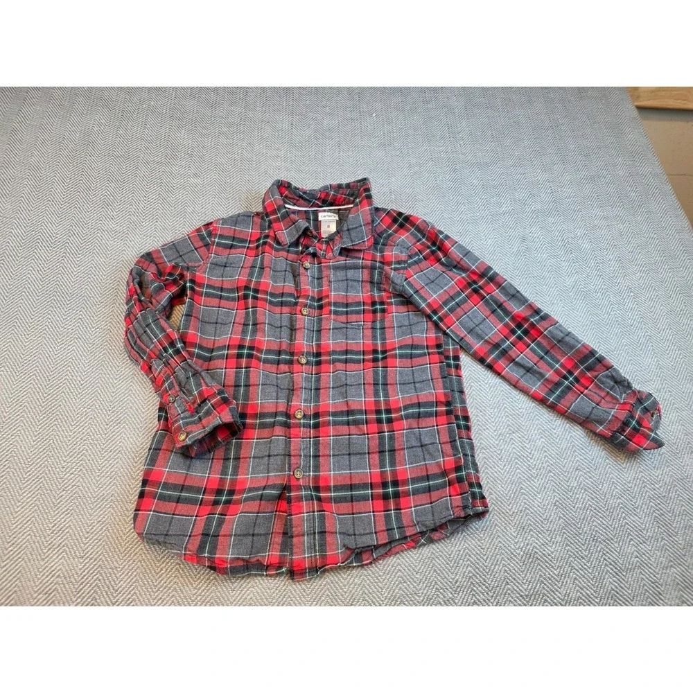 Carters Boys Red Grey Plaid Flannel Button Down Shirt Size 8 3J216610